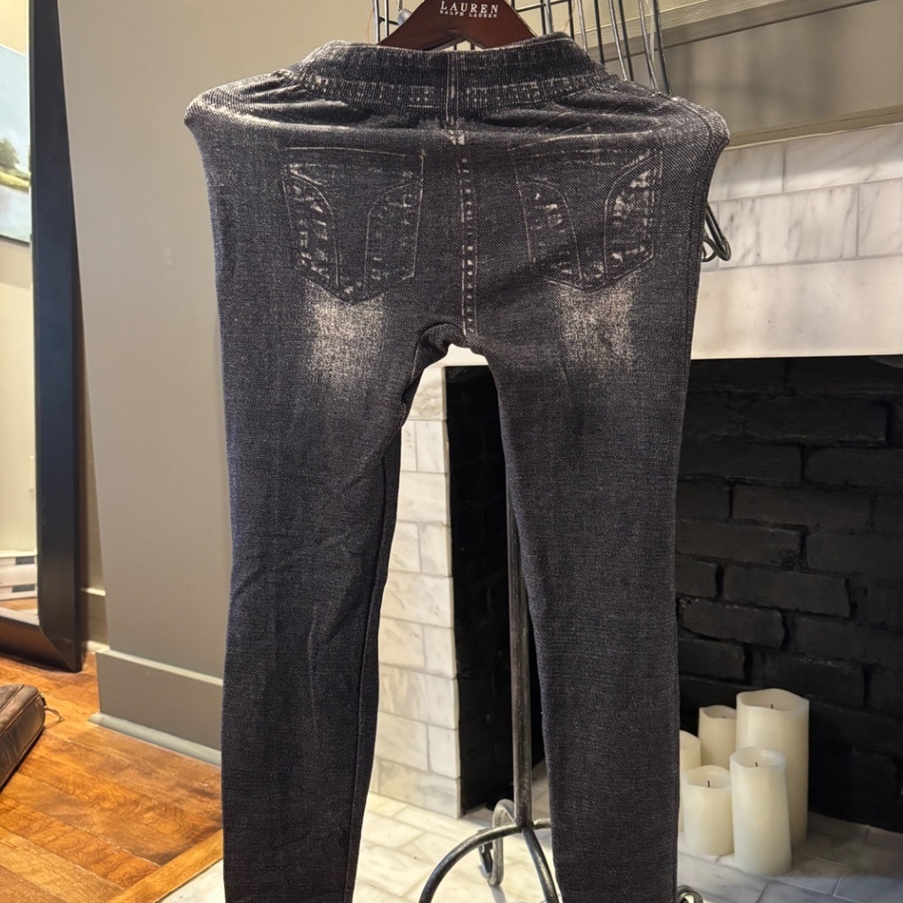 Distressed Faux Denim Pearl Stud Leggings | Stretch Jeggings Pants - Picture 5 of 5